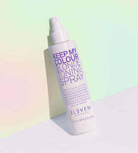 ELEVEN AUSTRALIA Keep My Colour Blonde Toning Spray dispenses a fine mist to balance tones and protect hair.