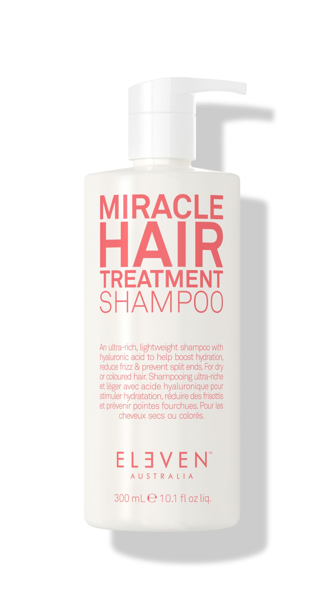 ELEVEN AUSTRALIA Miracle Shampoo bottle shows hydrating formula for daily cleansing and color protection.