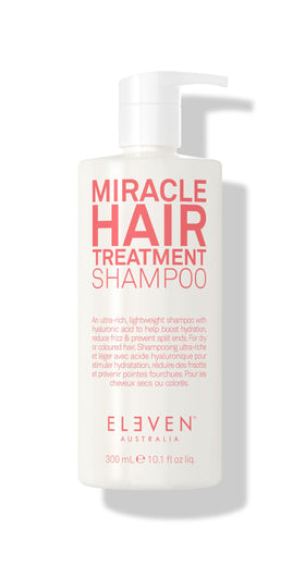 ELEVEN AUSTRALIA Miracle Shampoo bottle shows hydrating formula for daily cleansing and color protection.
