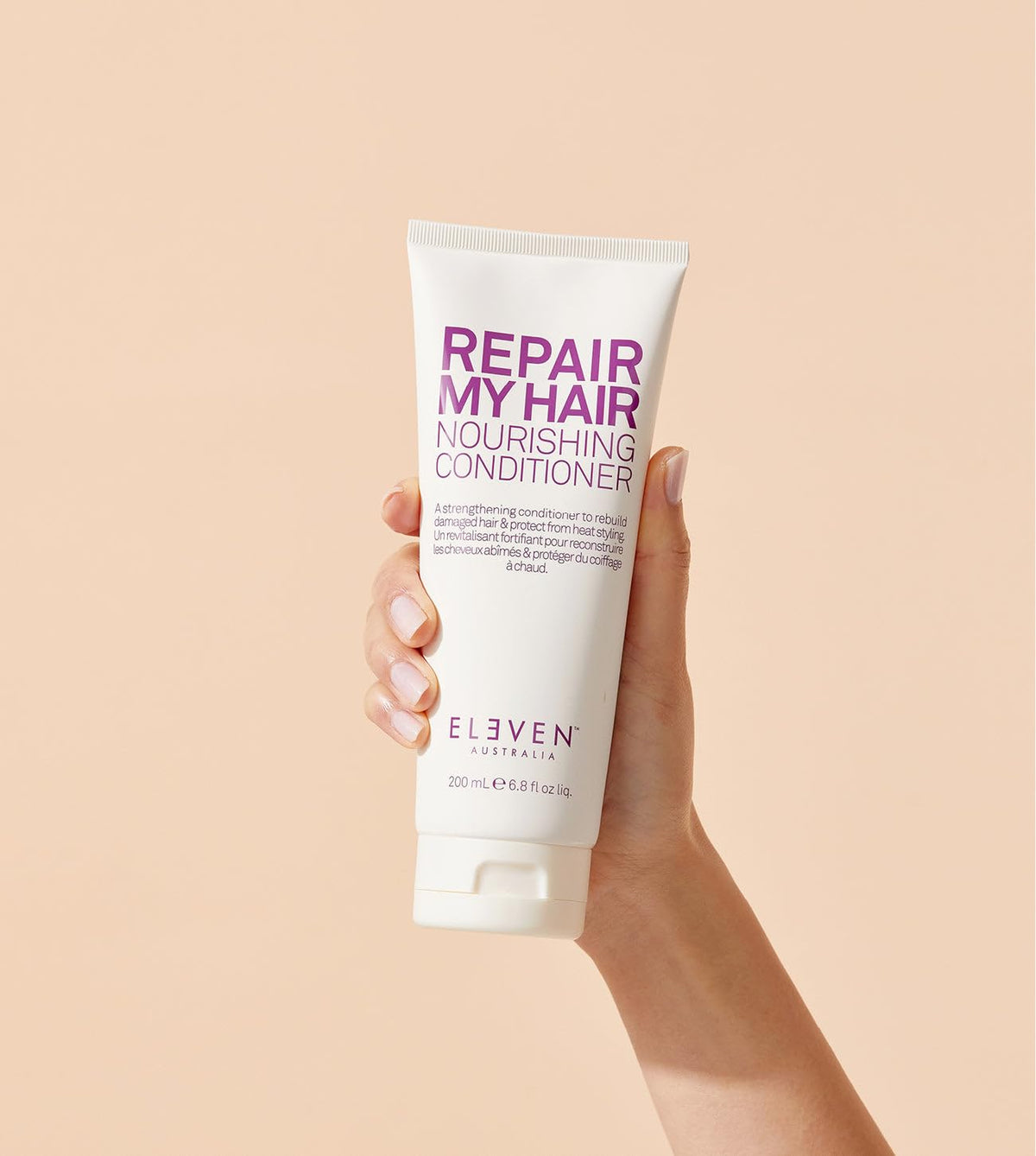 ELEVEN AUSTRALIA Repair My Hair Conditioner label closeup shows color safe formula