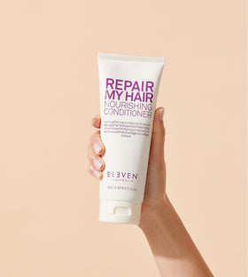 ELEVEN AUSTRALIA Repair My Hair Conditioner label closeup shows color safe formula