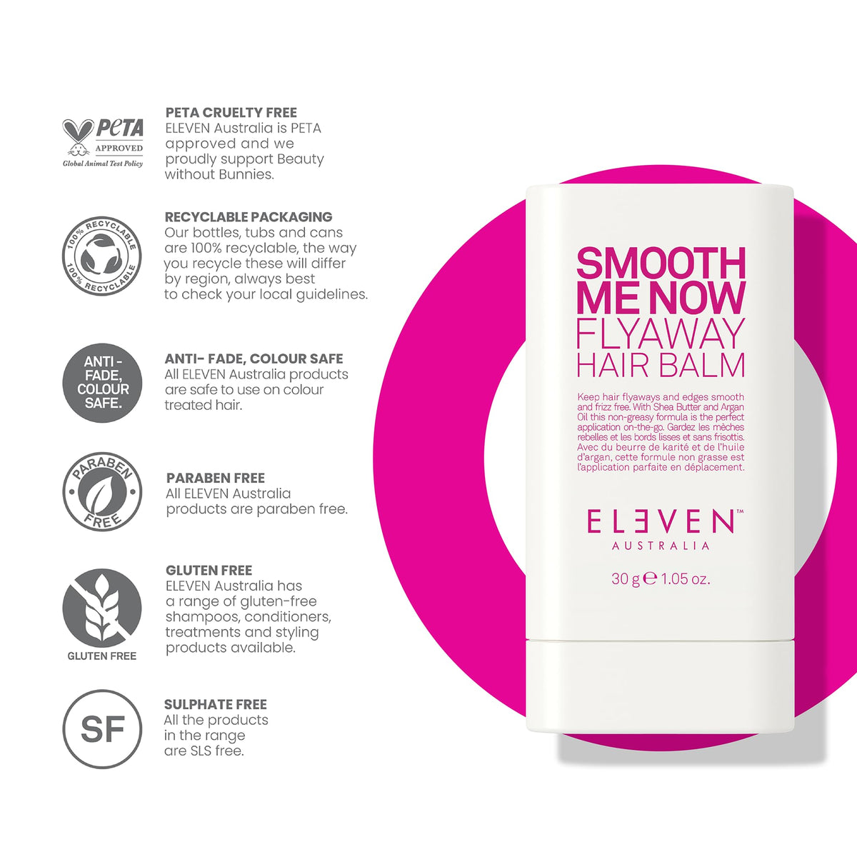 ELEVEN AUSTRALIA Smooth Me Now leaves color-safe, residue-free finish on dark hair.