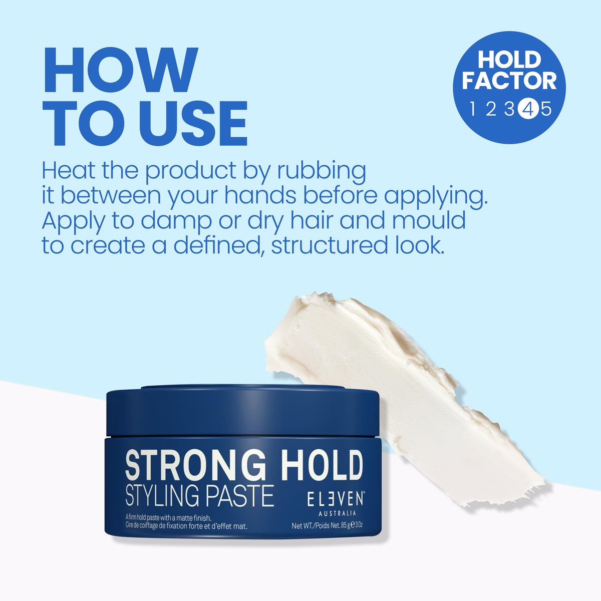 ELEVEN AUSTRALIA paste on fingers demonstrates easy application for controlled hold.