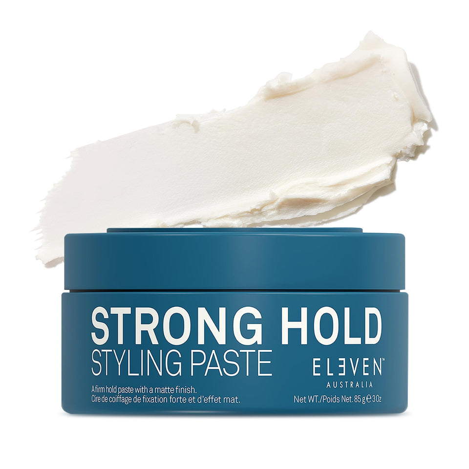 ELEVEN AUSTRALIA Strong Hold paste jar close-up shows creamy texture for versatile styling.