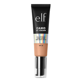 e.l.f. Camo CC Cream bottle close-up shows color-correcting coverage.