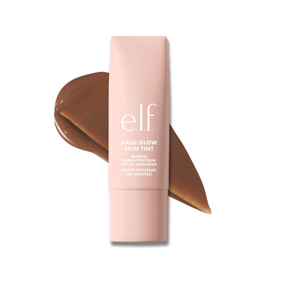 e.l.f. Halo Glow Skin Tint bottle close-up showing lightweight mineral SPF 50 protection.