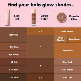 e.l.f. Halo Glow Skin Tint swatches show 18 shade options for diverse tones.