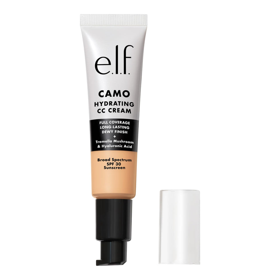 e.l.f. Hydrating Camo CC Cream bottle delivers a dewy, full-coverage finish.