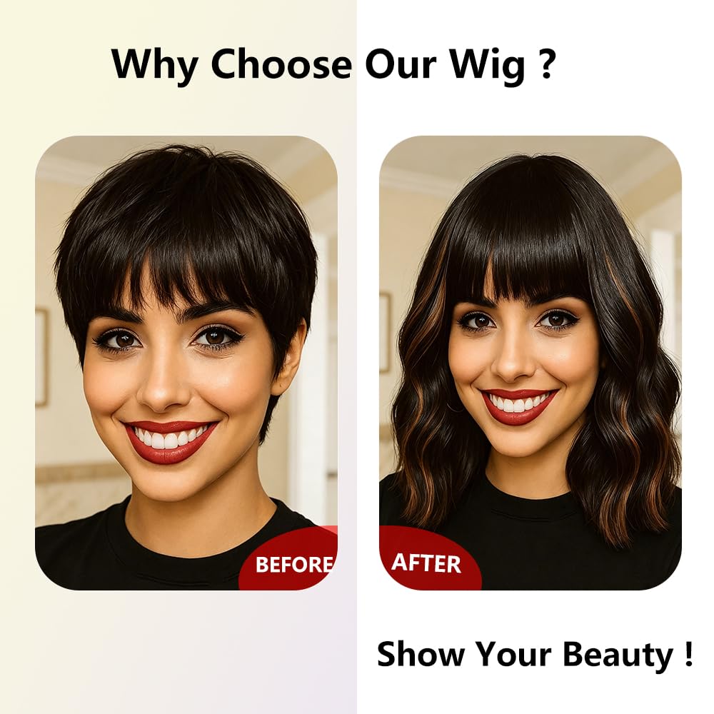 Elfairy bangs brown wig frames features with versatile styling options.