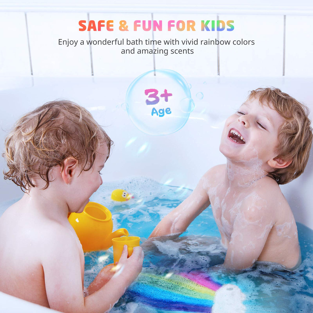 Elfinbay Rainbow Cloud kids bath time scene highlights safe, colorful play