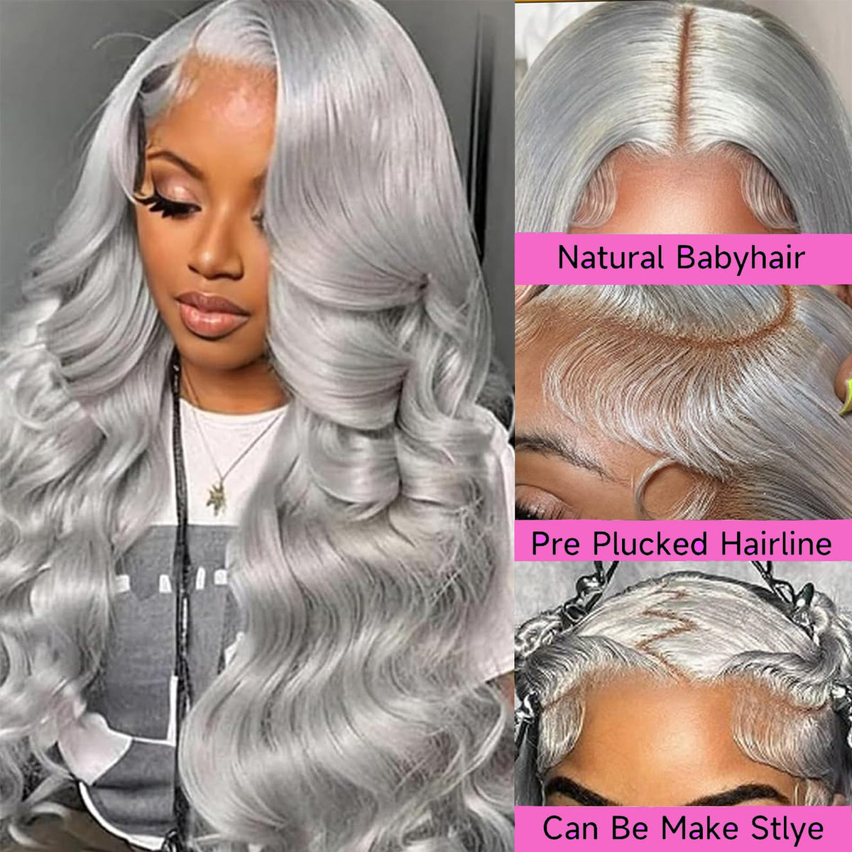 ELFSECRET grey wig with body wave close-up showing soft texture.