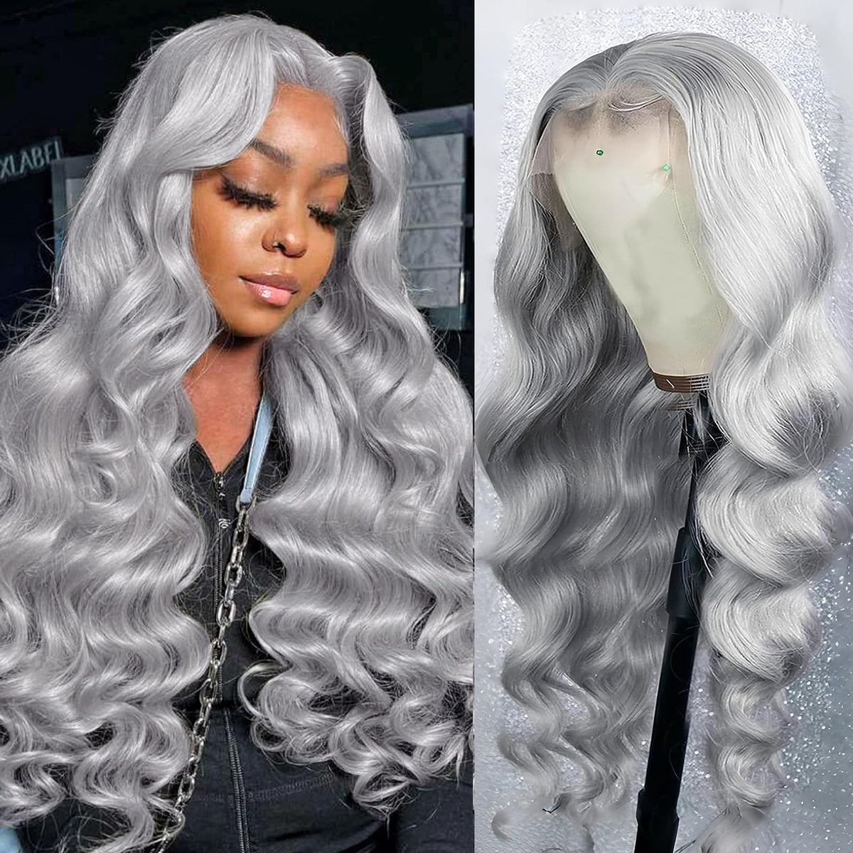 ELFSECRET grey lace front wig, 22in front view for a natural hairline.