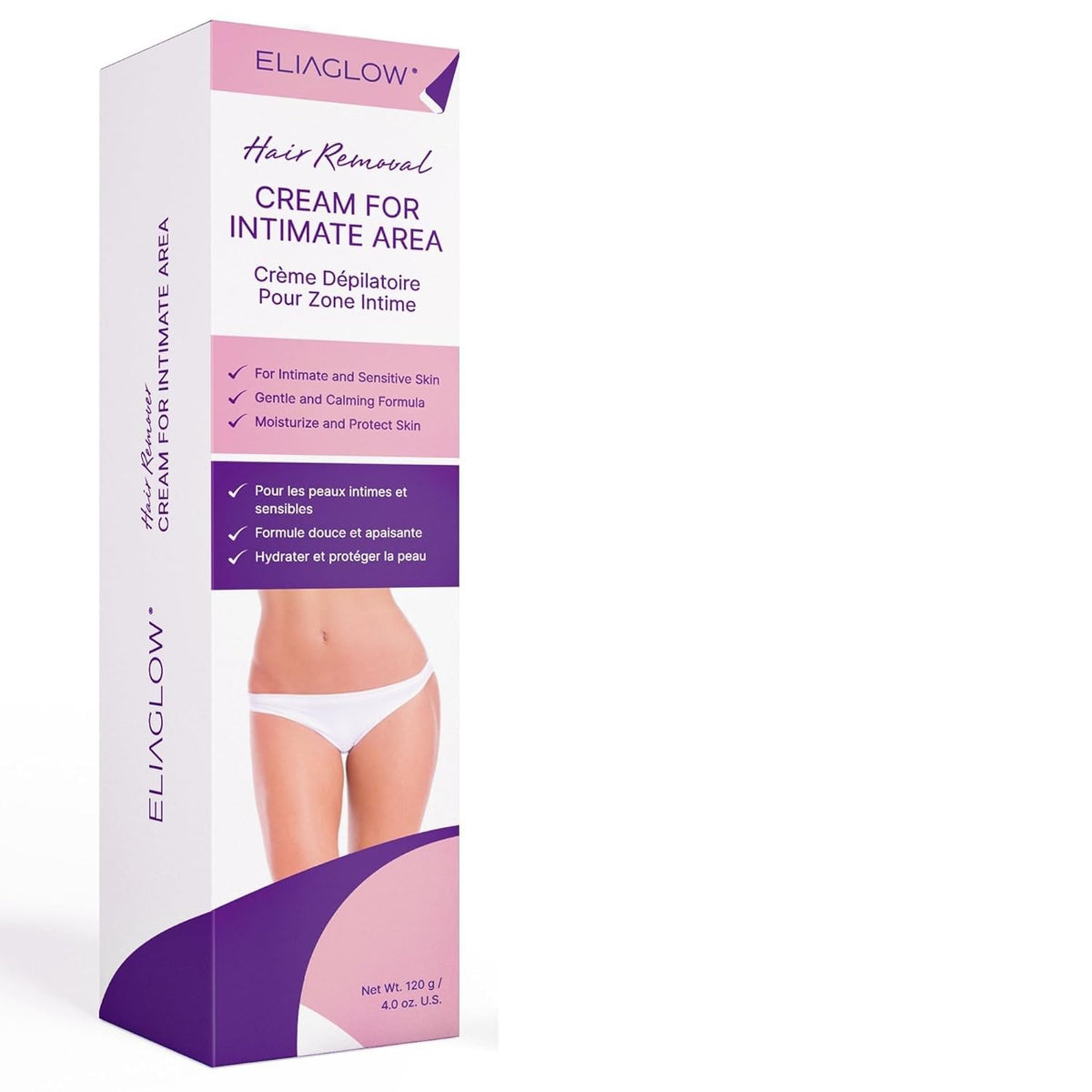 ELIAGLOW hair removal cream for bikini area yields smooth skin with gentle depilation.