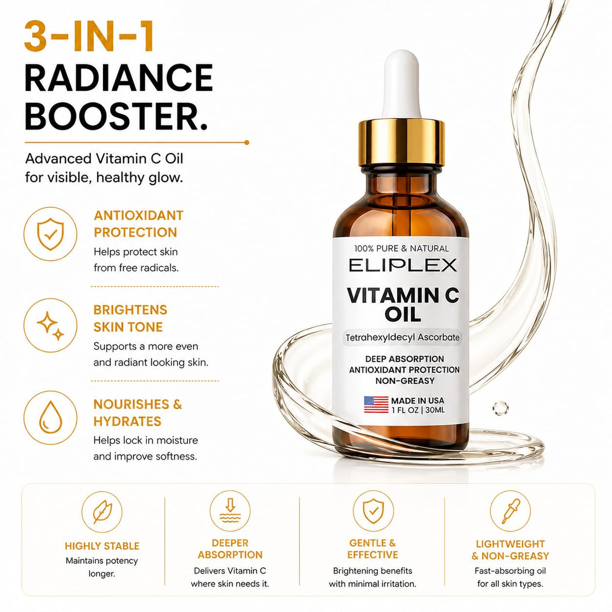 Texture close-up highlights ELIPLEX Vitamin C Oil absorption and smooth feel.