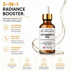 Texture close-up highlights ELIPLEX Vitamin C Oil absorption and smooth feel.
