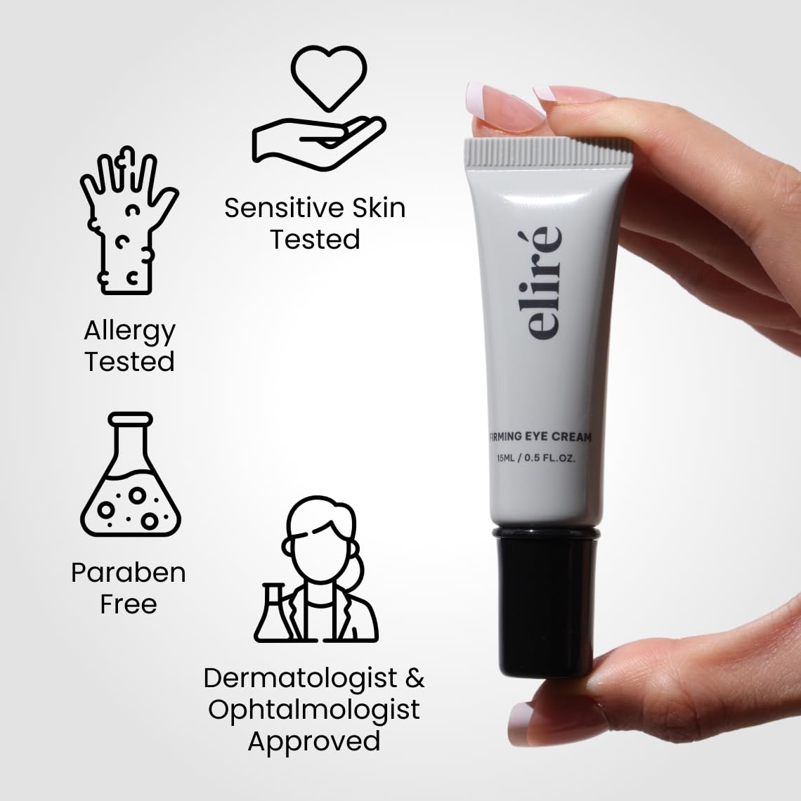 Eliré Firming Eye Cream lightweight under makeup usage shown on skin.