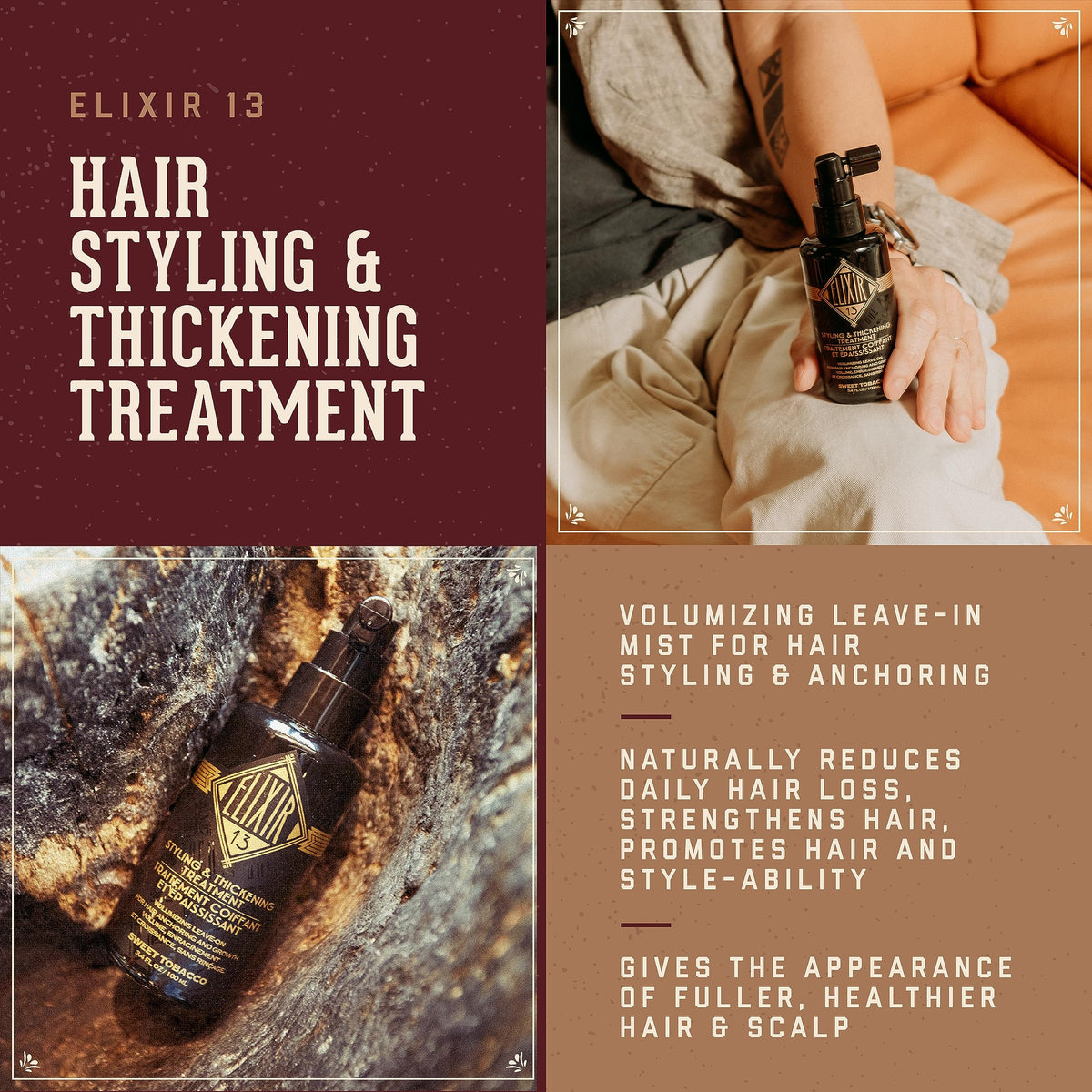 Elixir 13 application glide shows even distribution for enhanced hair fullness.