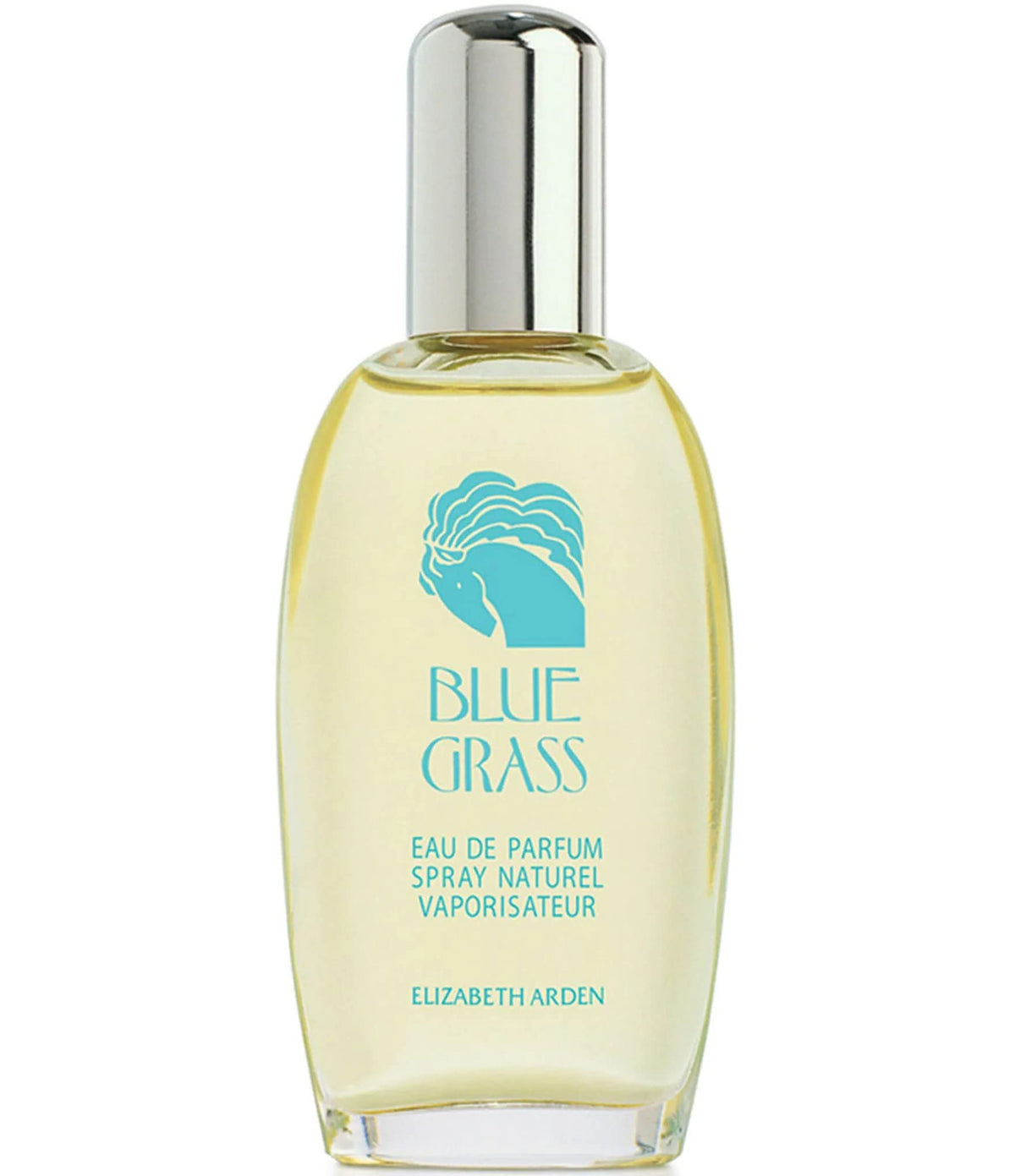 Elizabeth Arden Elk2i Blue Grass bottle on vanity, elegant evening ritual.