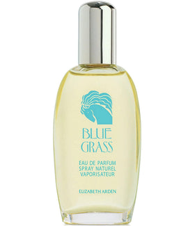 Elizabeth Arden Elk2i Blue Grass bottle on vanity, elegant evening ritual.