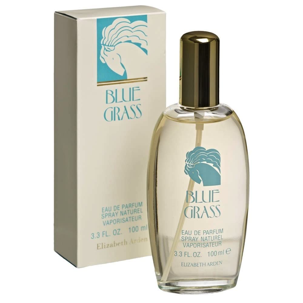 Elizabeth Arden Elk2i Blue Grass bottle close-up shows refined floral-spice notes.