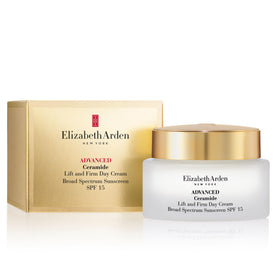 Elizabeth Arden Ceramide Lift and Firm Day Cream jar closeup, rich hydrating texture.