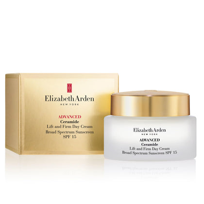 Elizabeth Arden Ceramide Lift and Firm Day Cream jar closeup, rich hydrating texture.