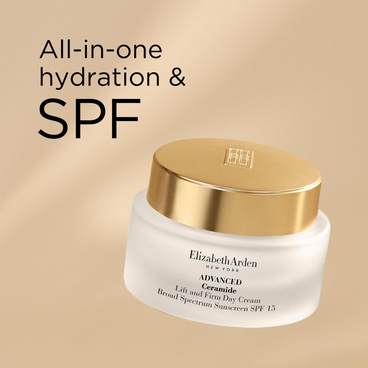 Product display of Elizabeth Arden Ceramide Lift and Firm Day Cream on vanity.
