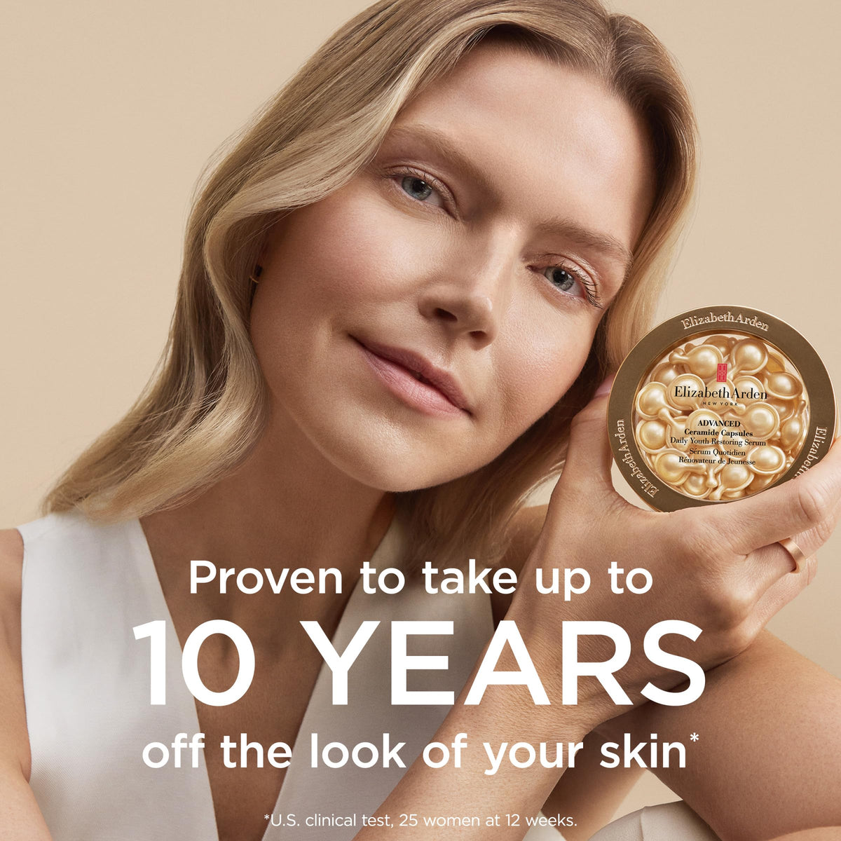 Close-up of Elizabeth Arden Ceramide Serum Capsules showing encapsulated formula