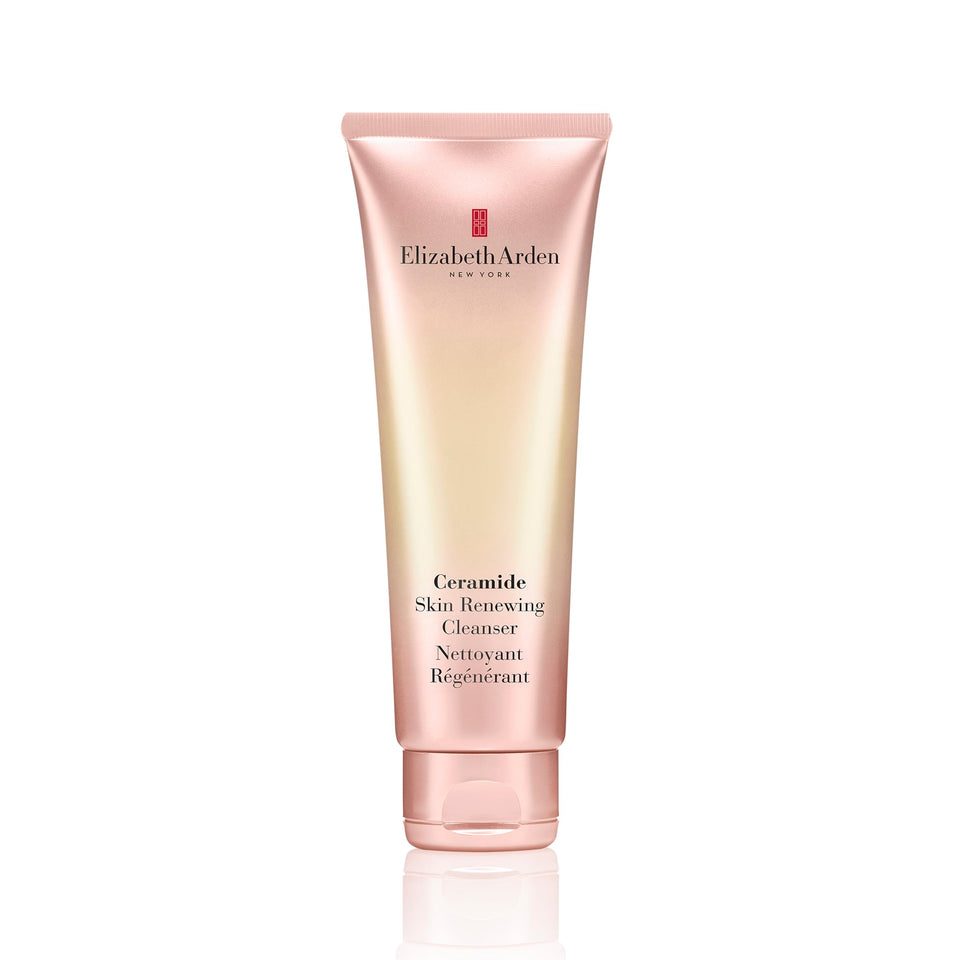 Elizabeth Arden Ceramide Skin Renewing Cleanser bottle pour for a gentle, hydrating cleanse.