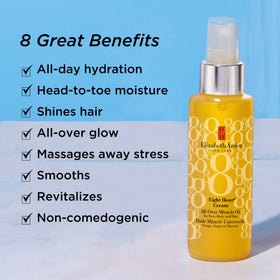 Elizabeth Arden Eight Hour All-Over Miracle Oil on face demonstrates lightweight hydration.