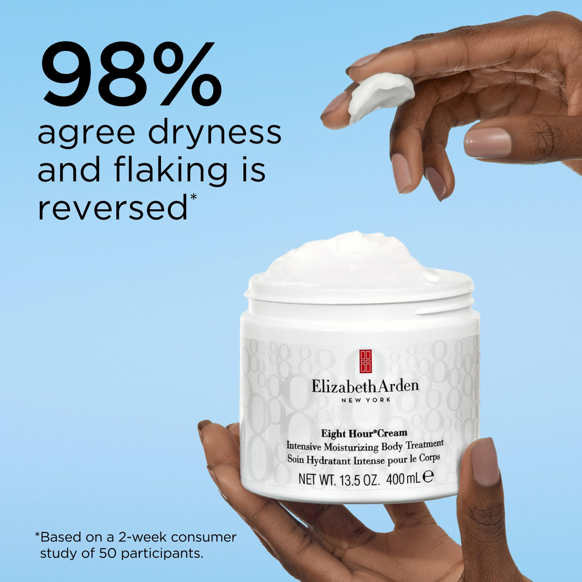 Elizabeth Arden Eight Hour Cream body lotion jar closeup showing creamy texture and deep moisturization.