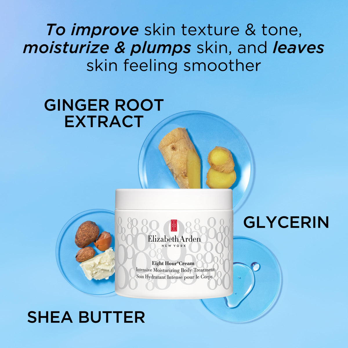 Elizabeth Arden Eight Hour Cream Japanese Blood Grass ingredient highlights long-lasting hydration.