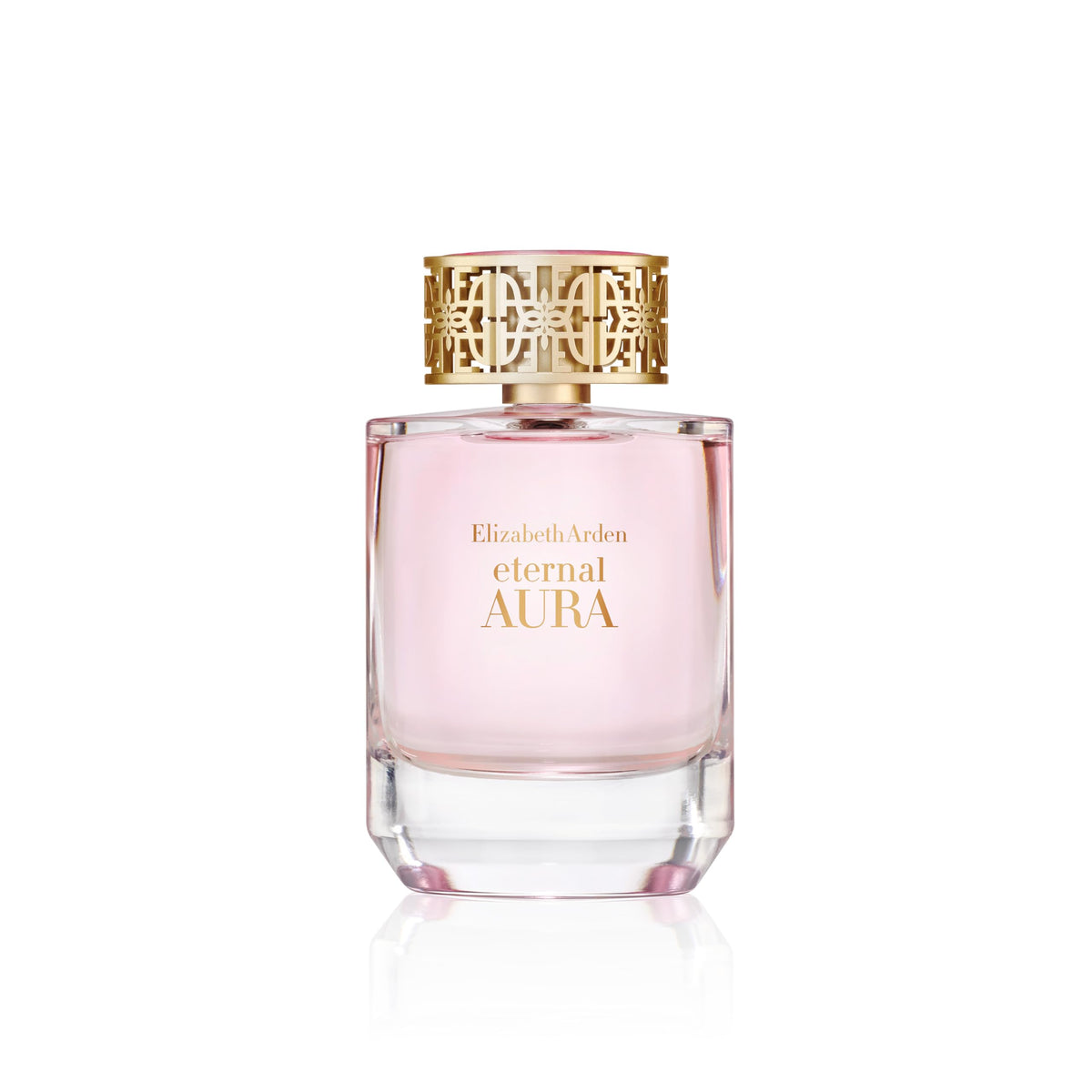 Elizabeth Arden Eternal Aura bottle closeup, pink-tinted glass for refined evening wear