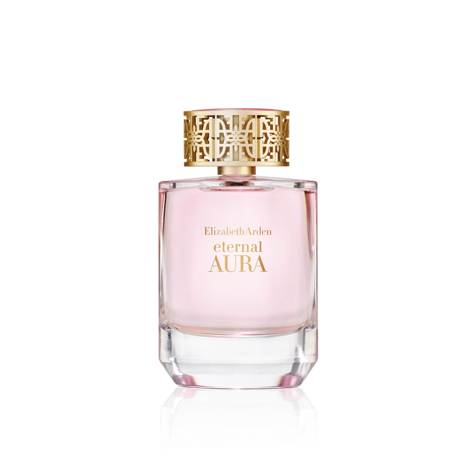 Elizabeth Arden Eternal Aura bottle closeup, pink-tinted glass for refined evening wear