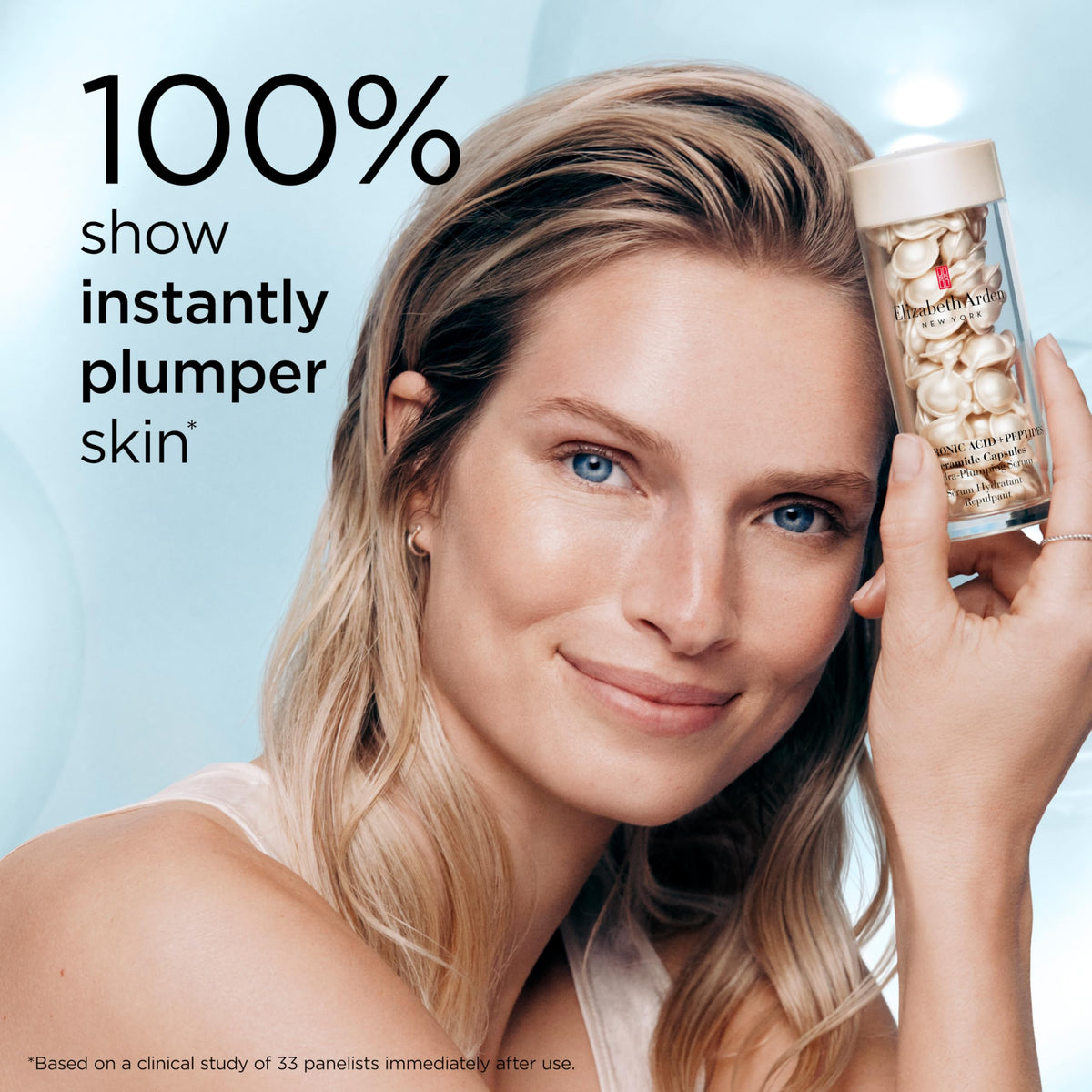 Elizabeth Arden Hyaluronic Capsules applied to skin for instant plumpness and smoother texture.