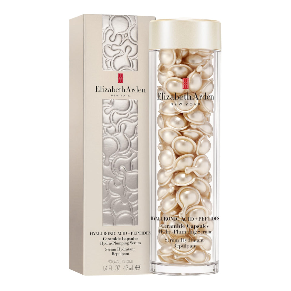 Elizabeth Arden Hyaluronic Capsules bottle close-up showing hydration and light protection.