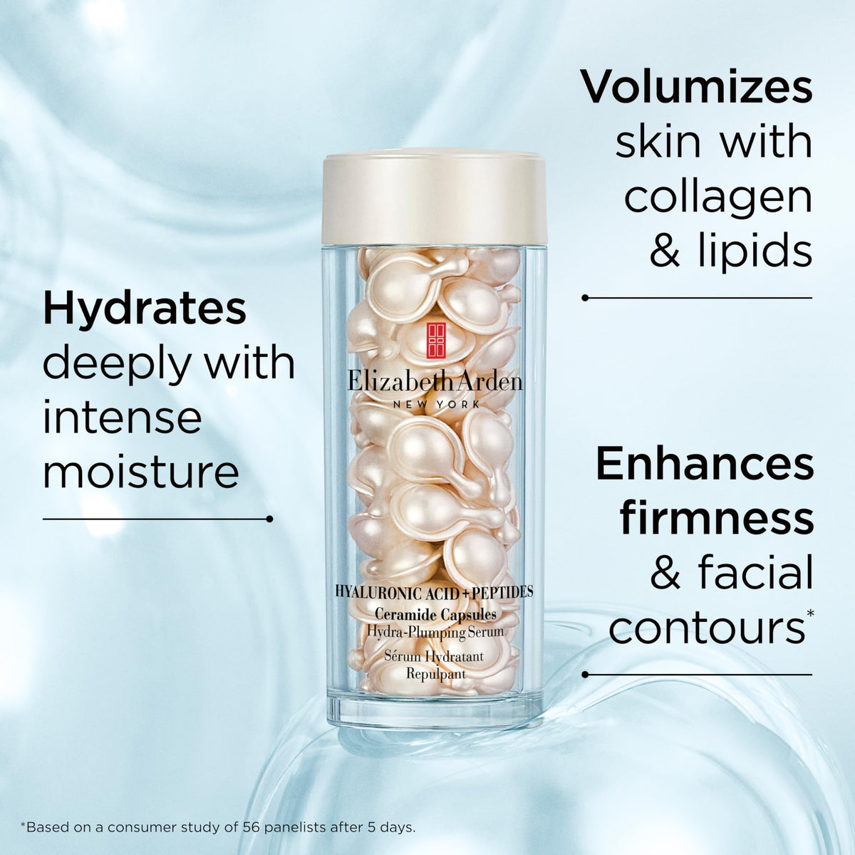 Elizabeth Arden Hyaluronic Capsules serum drop in hand, emphasizing concentrated moisture delivery.