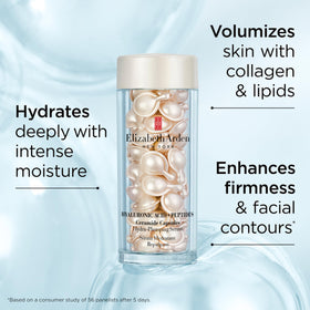 Elizabeth Arden Hyaluronic Capsules serum drop in hand, emphasizing concentrated moisture delivery.