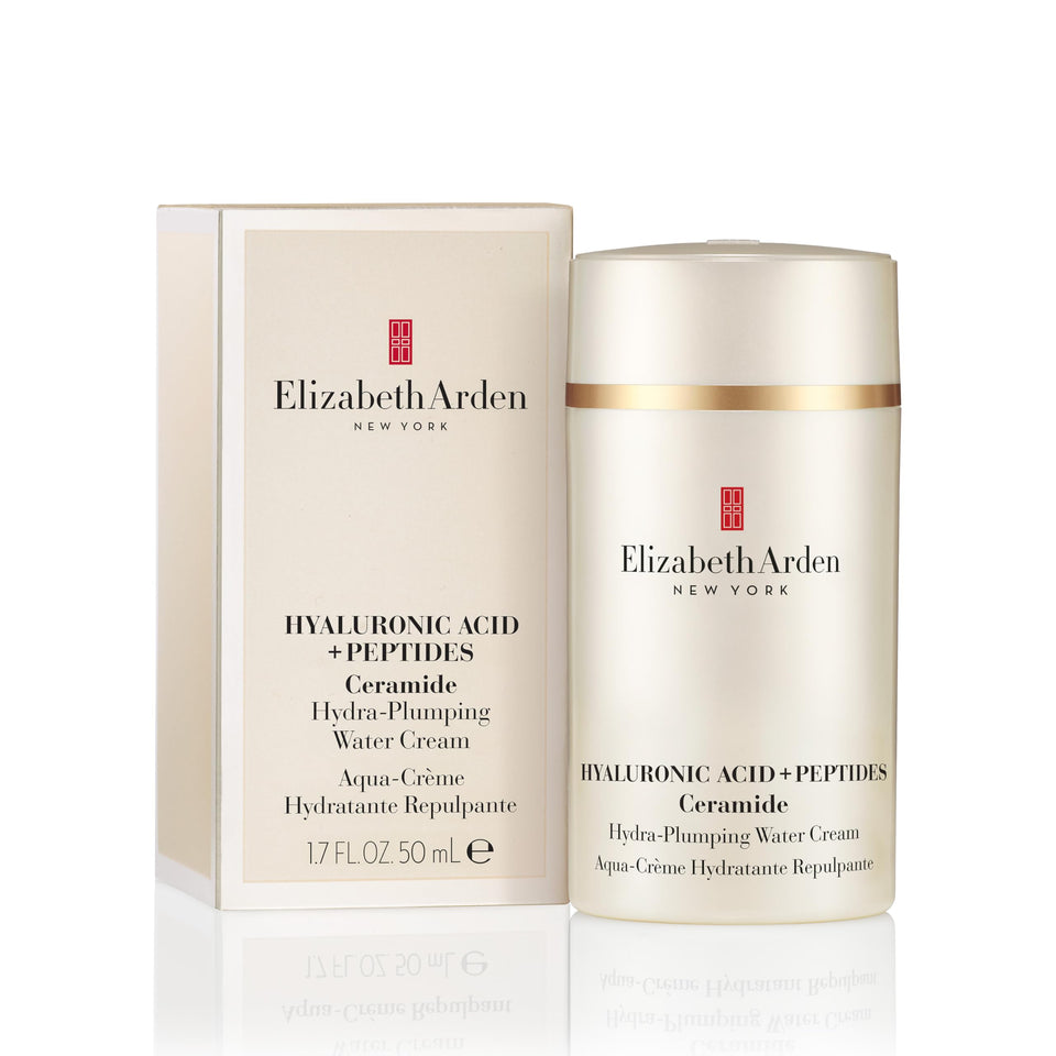 Elizabeth Arden Hydra-Plumping Water Cream jar closeup shows hydrating texture and premium packaging.