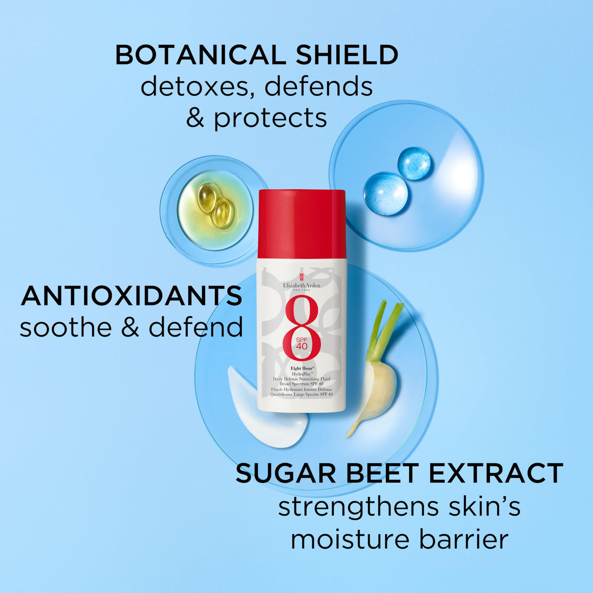 Elizabeth Arden HydraPlay bottle close-up, vegan ingredients highlighted for clean skincare