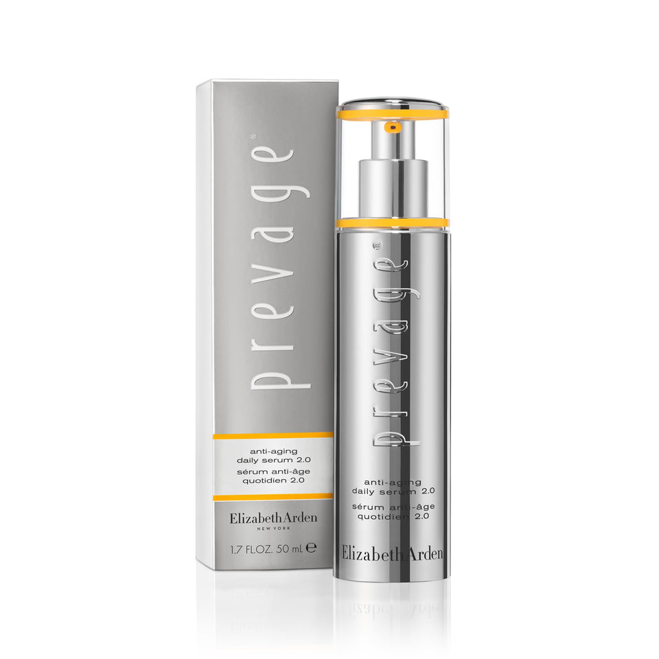 Elizabeth Arden Prevage 2.0 serum bottle with pump for quick absorption.