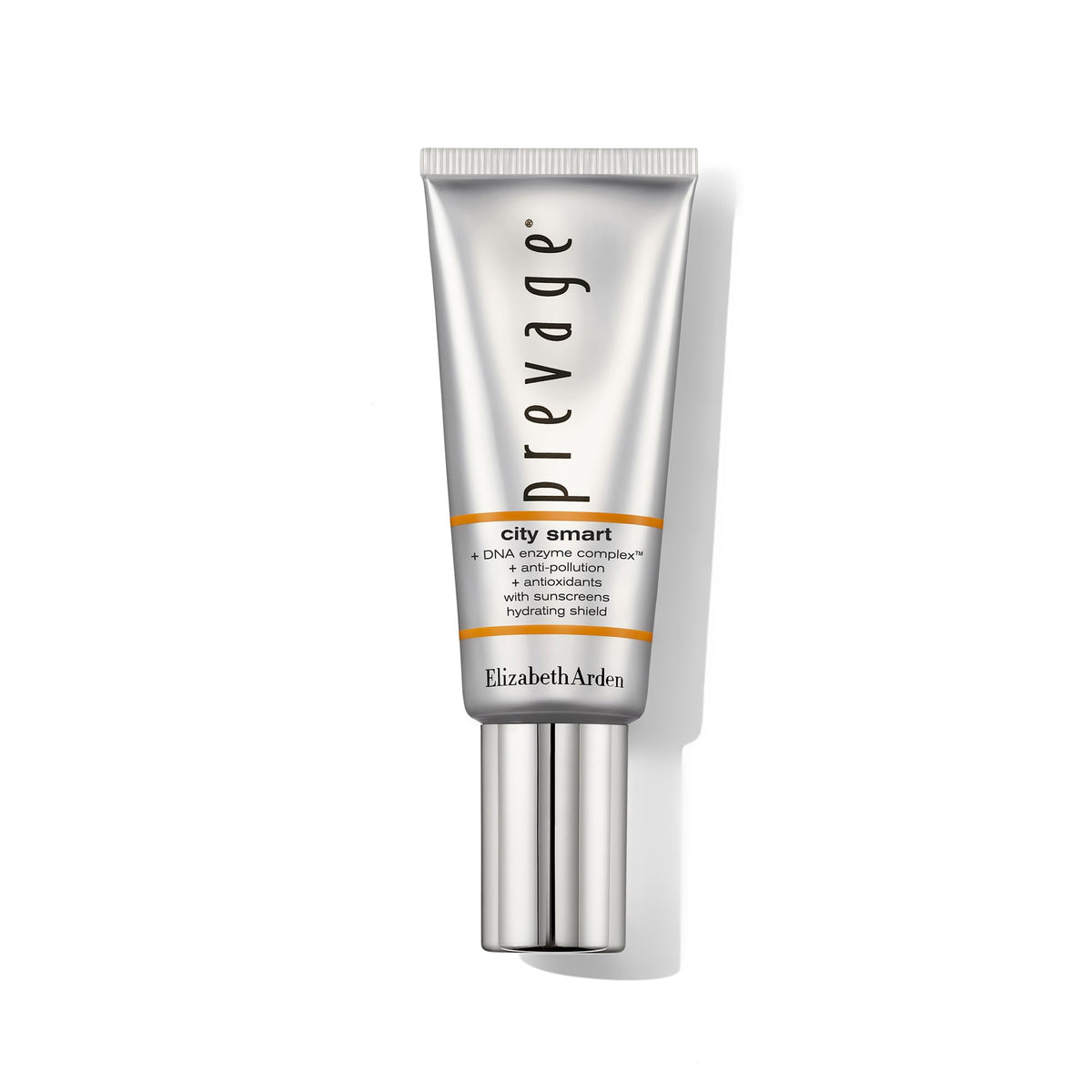 Elizabeth Arden Prevage City Smart bottle close-up showing a hydrating shield for urban skin protection.