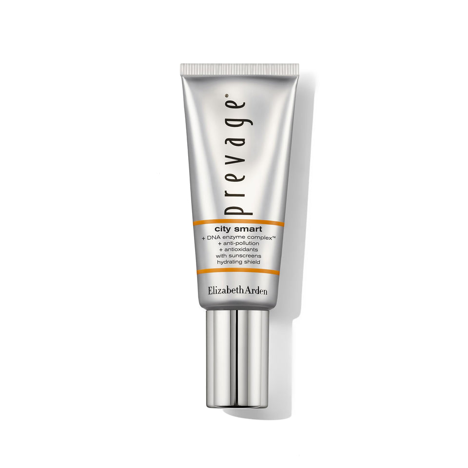 Elizabeth Arden Prevage City Smart bottle close-up showing a hydrating shield for urban skin protection.