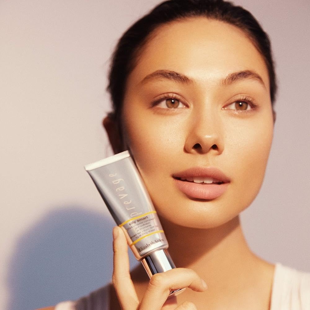 Elizabeth Arden Prevage City Smart urban-protection scene emphasizing anti-pollution shield during commutes.