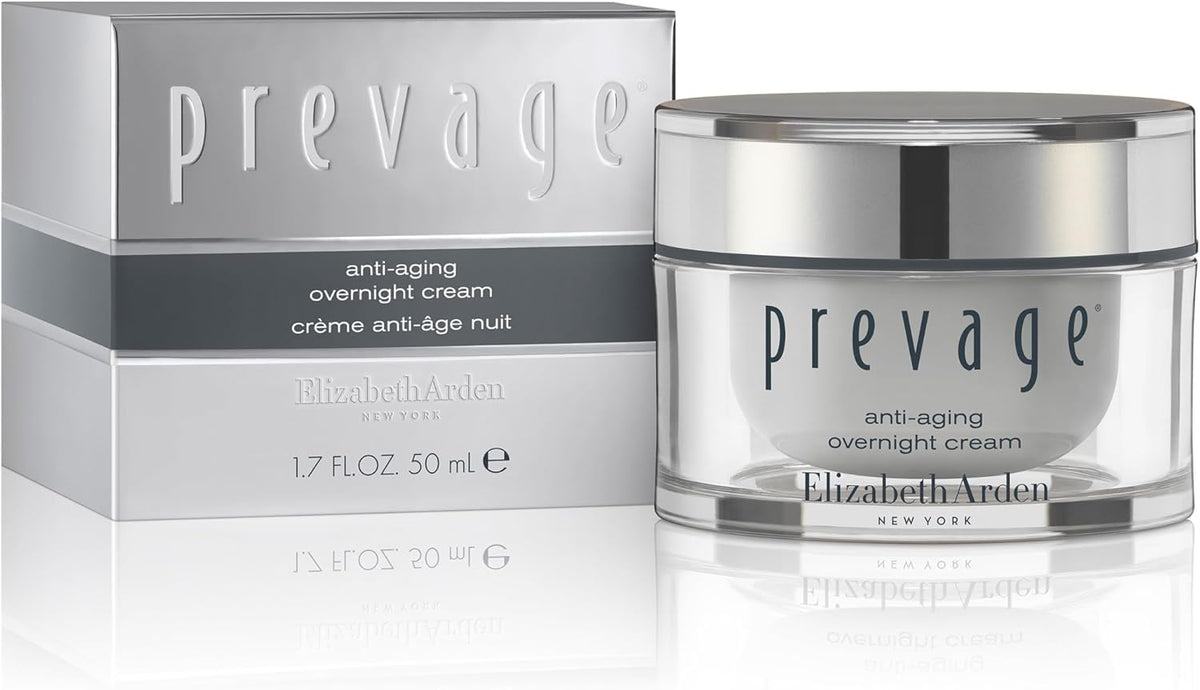 Elizabeth Arden Prevage overnight cream jar showing rich hydration for overnight renewal