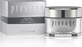 Elizabeth Arden Prevage overnight cream jar showing rich hydration for overnight renewal