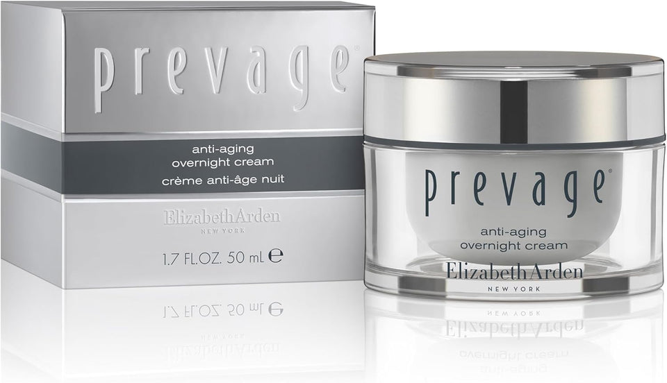 Elizabeth Arden Prevage overnight cream jar showing rich hydration for overnight renewal