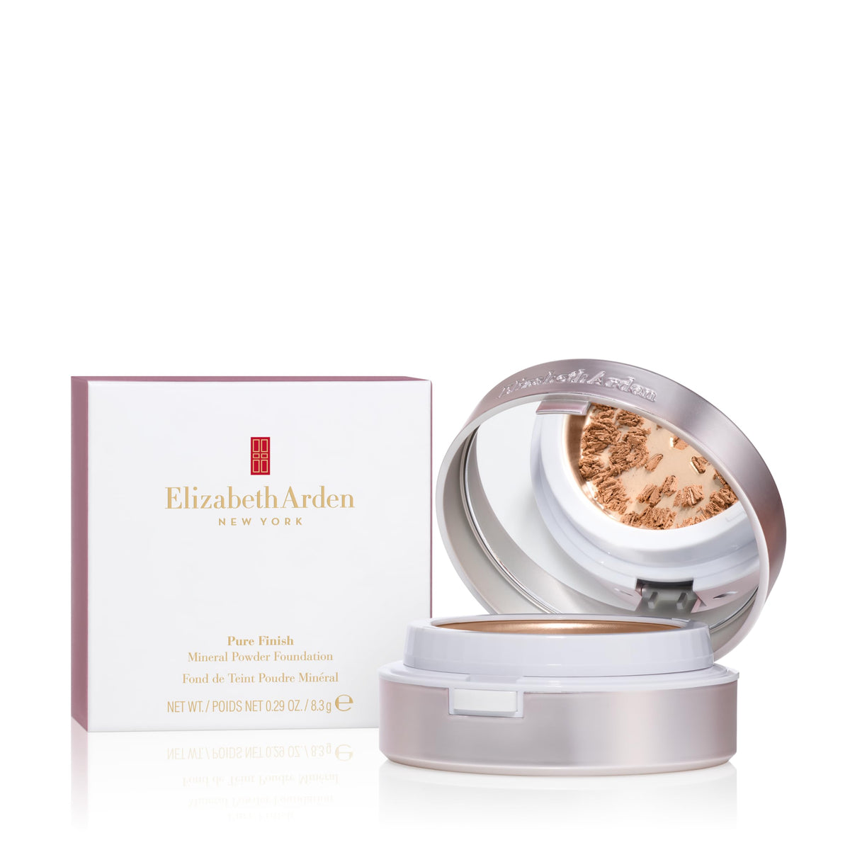 Elizabeth Arden Pure Finish Mineral Foundation compact during application for buildable coverage.