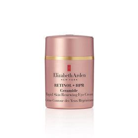 Elizabeth Arden Retinol + HPR eye cream bottle shows de-puffing benefits