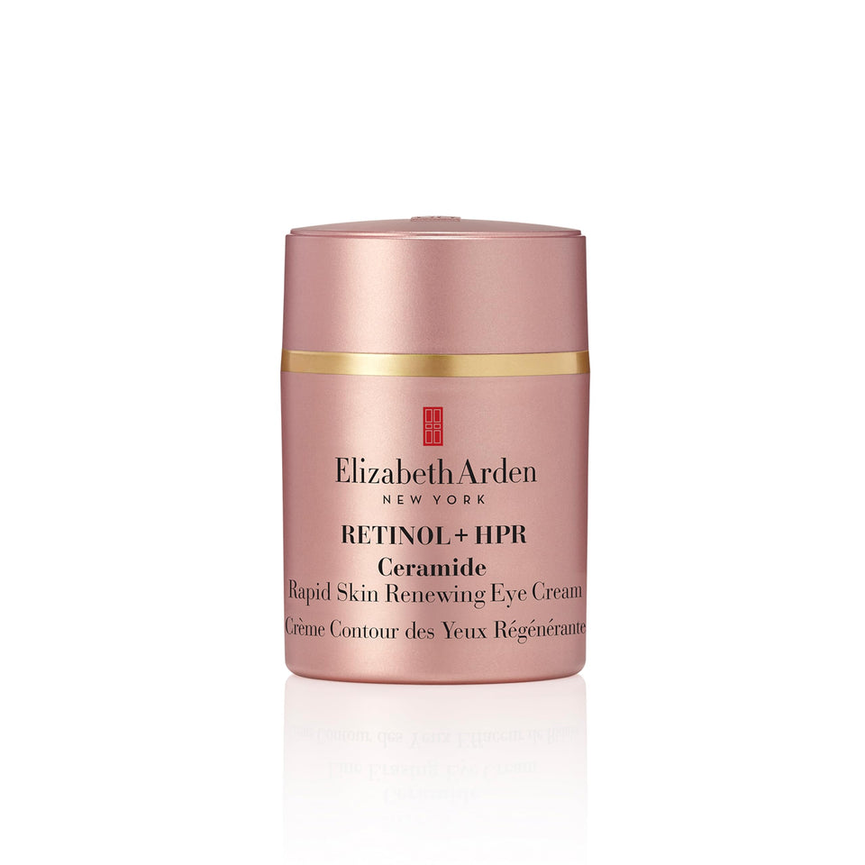 Elizabeth Arden Retinol + HPR eye cream bottle shows de-puffing benefits